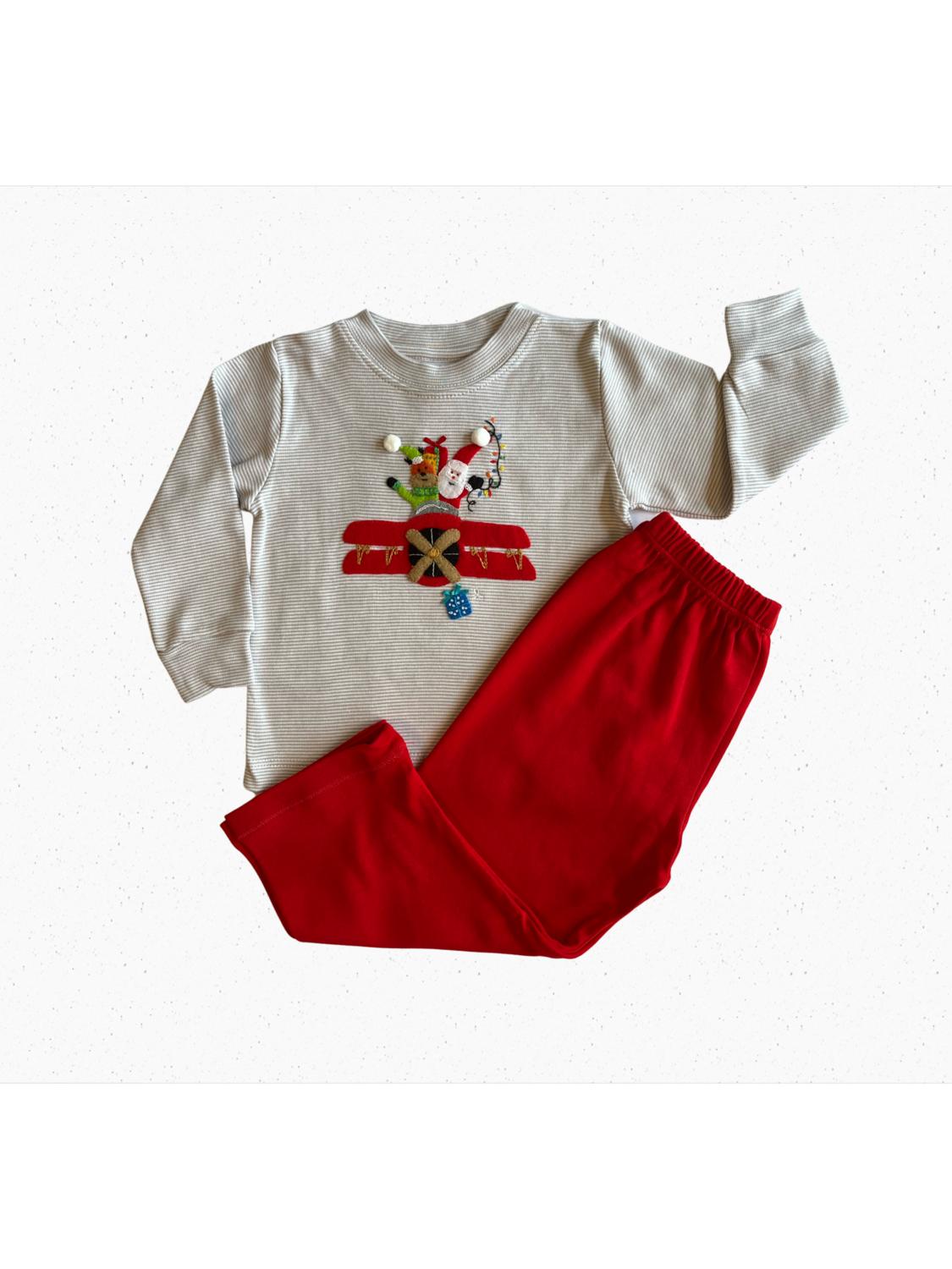 Light Grey Stripe Santa on Airplane Pant Set