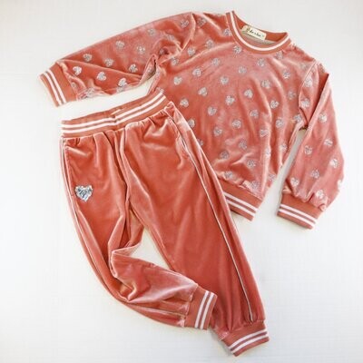 Coral Silver Heart Velvet Top & Joggers