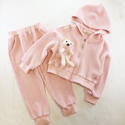 Pink Textured Jogger Set with Bear Pocket