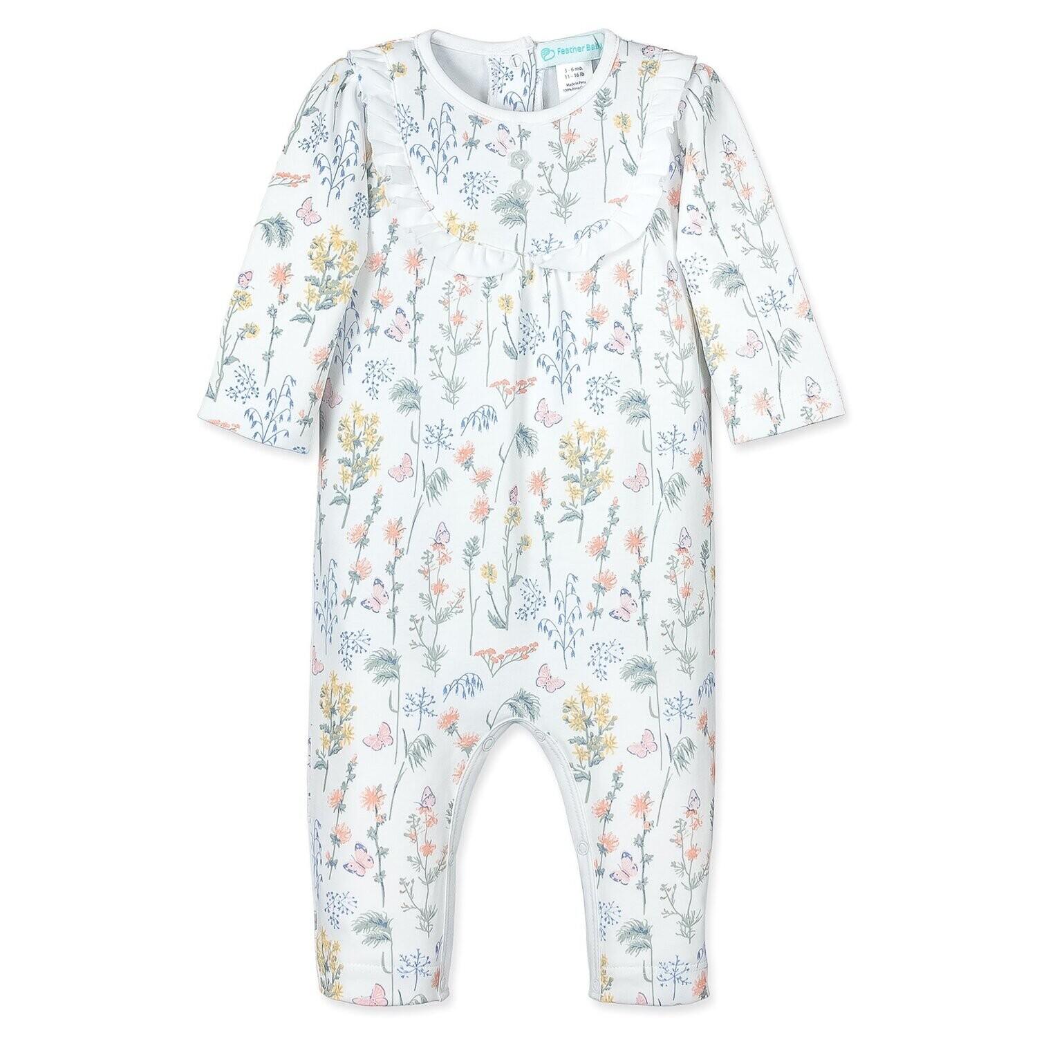 Ruffle Yoke Romper- Butterflies & Wildflowers on White