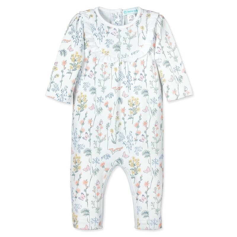 Ruffle Yoke Romper- Butterflies & Wildflowers on White