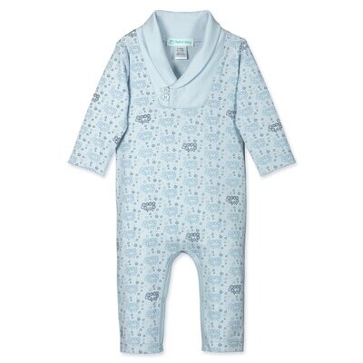 Shaw Neck Romper- Curly Sheep on Baby Blue