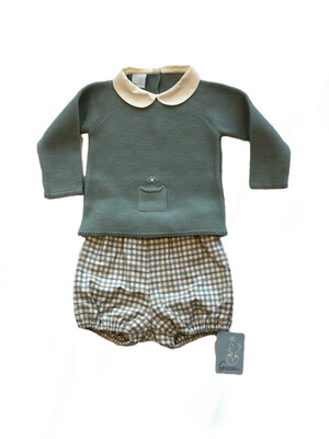 Boys Green & Grey Knit Sweater with Plaid Bubble Short