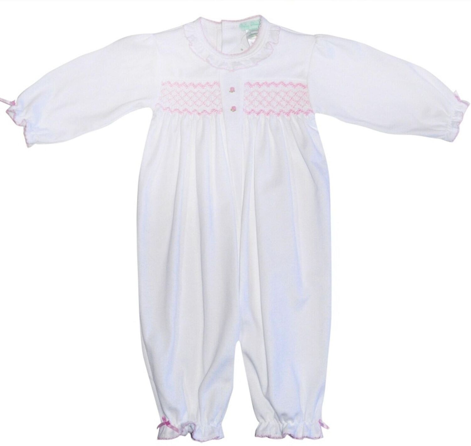 White and Pink Hand Smocked Converter Gown