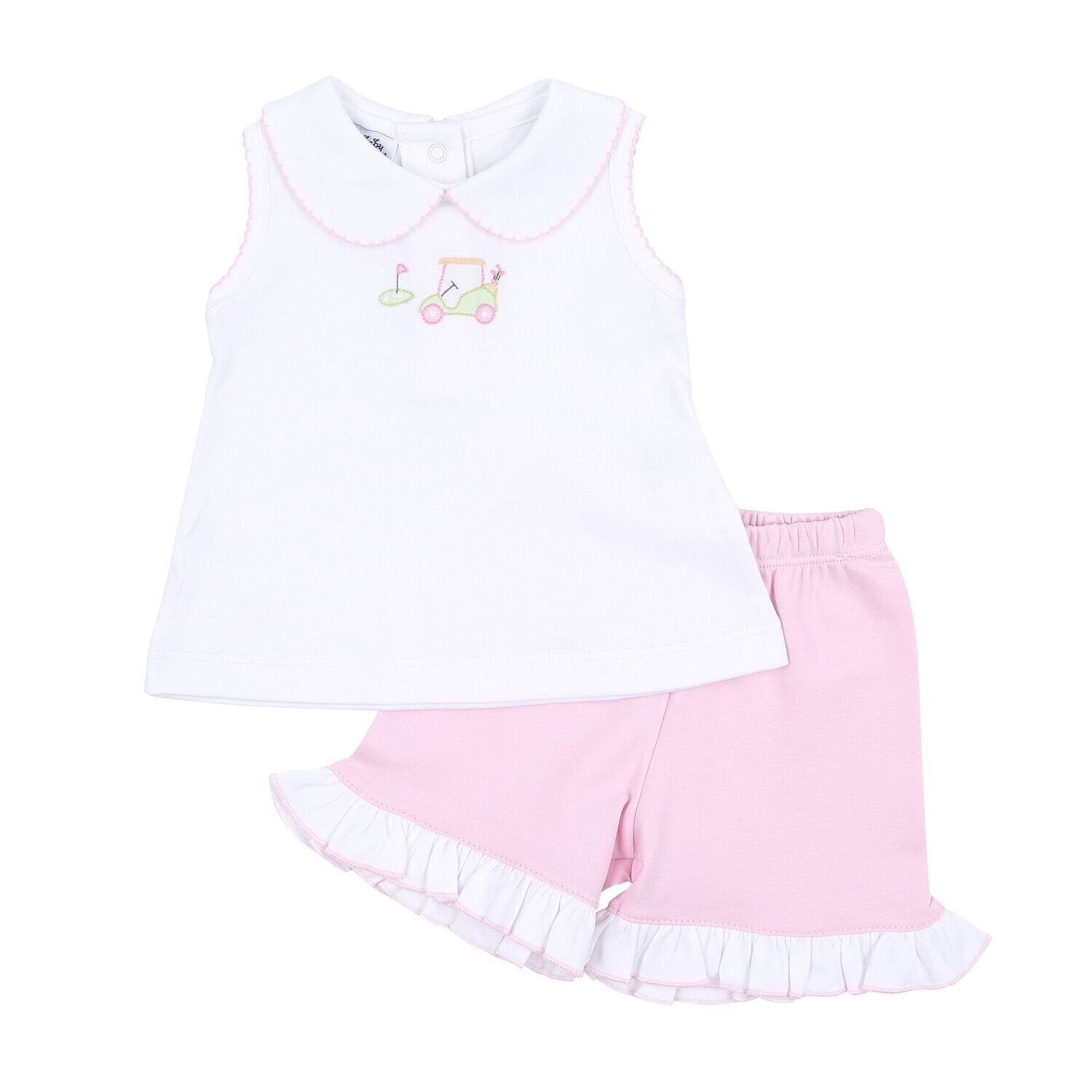 On The Green Embroidered Collared Sleeveless Short Set