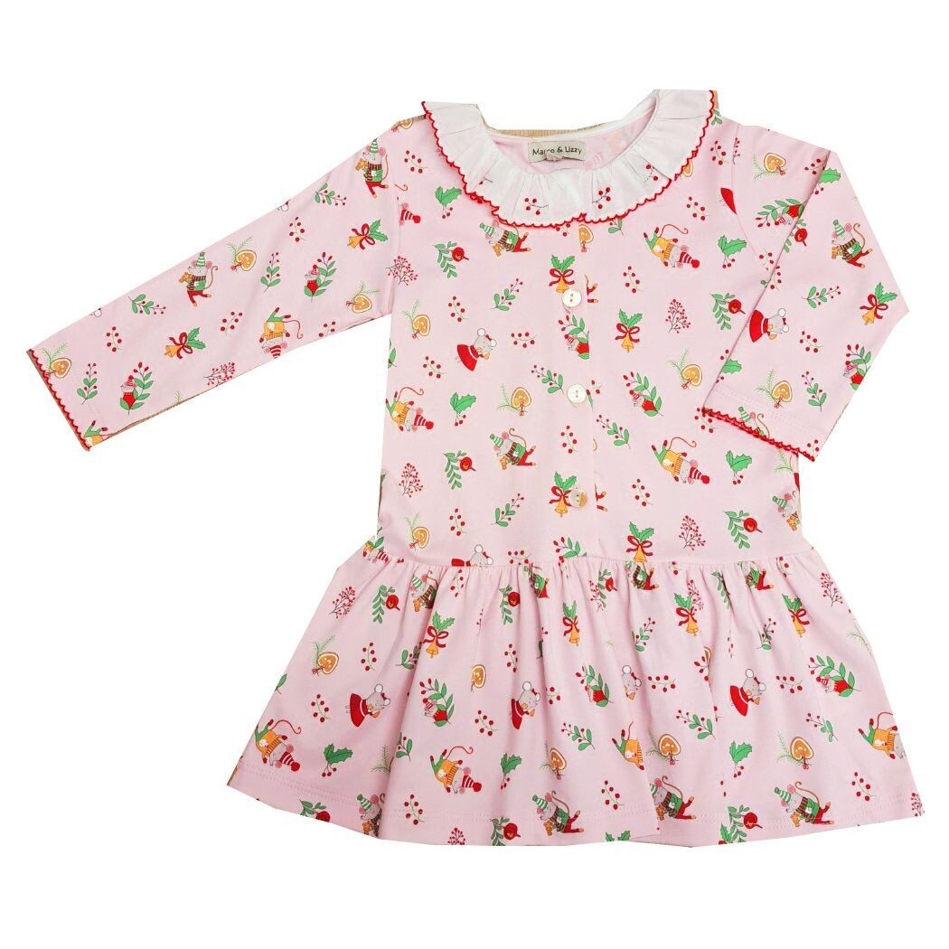 Christmas Mice Drop Waist Dress w/ Embroidered Collar