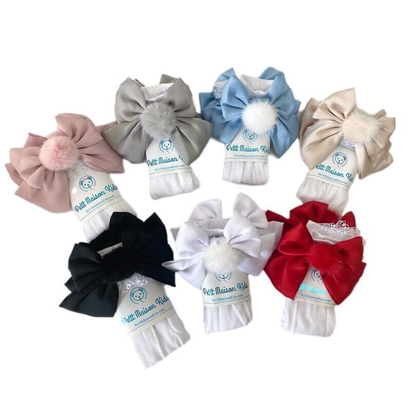 Lana Ruffle Satin Bows and Poms Socks - Champagne