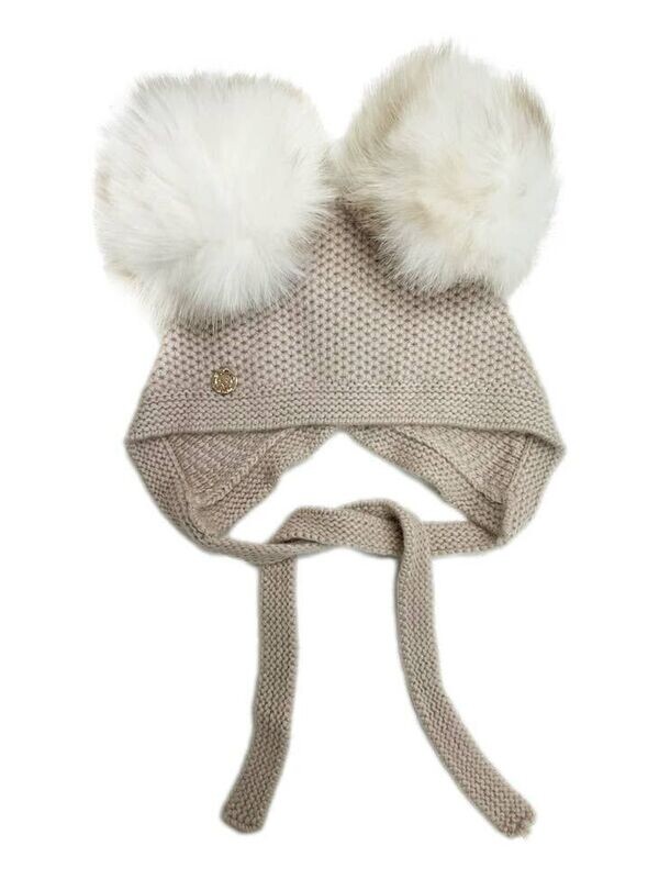 Honeycomb Beige Cashmere Bonnet w/ White Print Poms