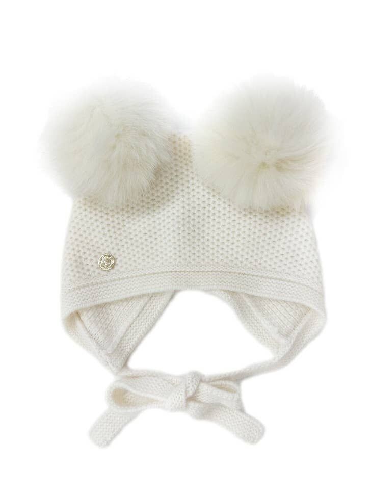 Honeycomb cream Cashmere Bonnet w/ 2 Poms