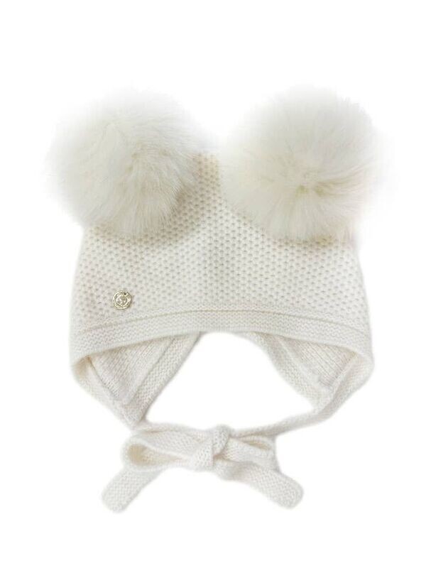 Honeycomb cream Cashmere Bonnet w/ 2 Poms