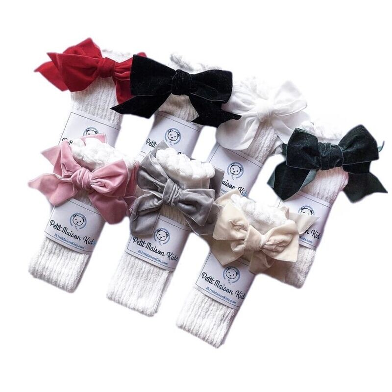 White Knee High Socks w/ Velvet Bow - Pink