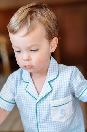 Bitsy Blue Gingham Easter Boy Romper