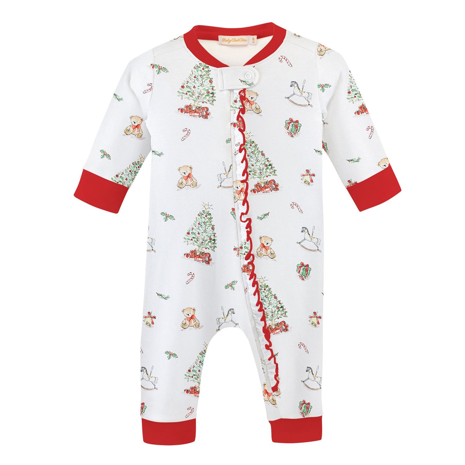 Christmas Tree Printed Zipper Coverall w/ Ruffles
