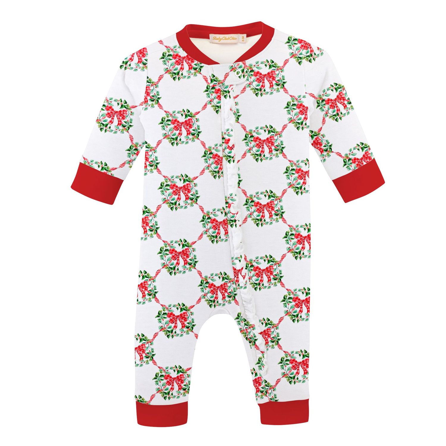 Christmas Wreath Printed Zipper Coverall w/ Ruffles