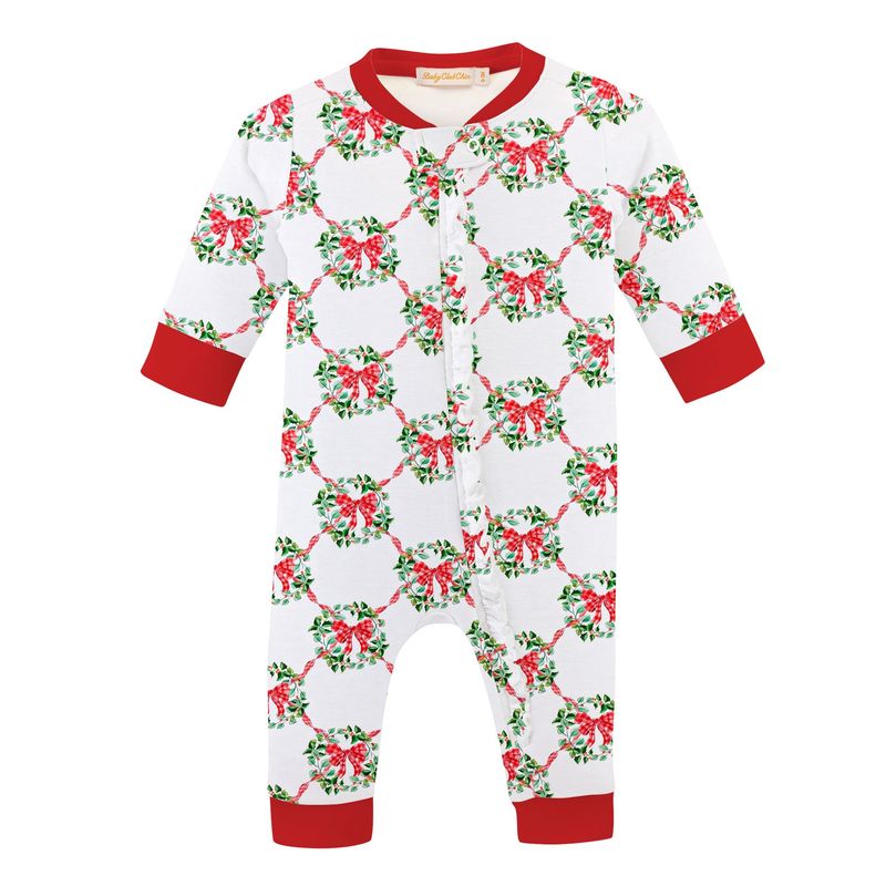 Christmas Wreath Printed Zipper Coverall w/ Ruffles