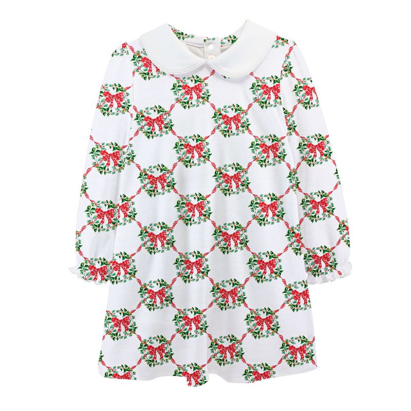 Christmas Wreath Printed Toddler Dress w/ Round Collar