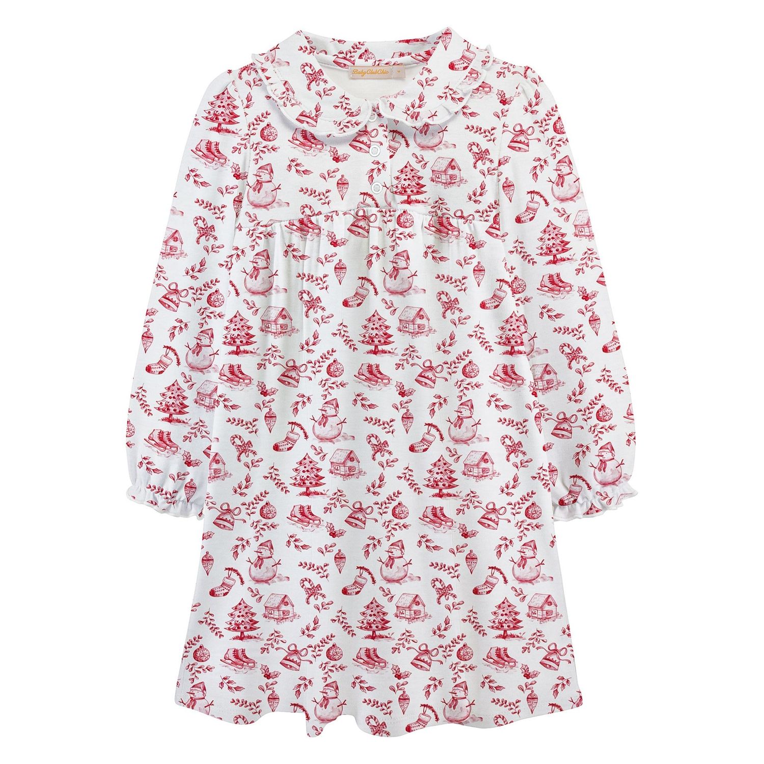 Christmas Toile Printed Toddler Dress w/ Round Collar