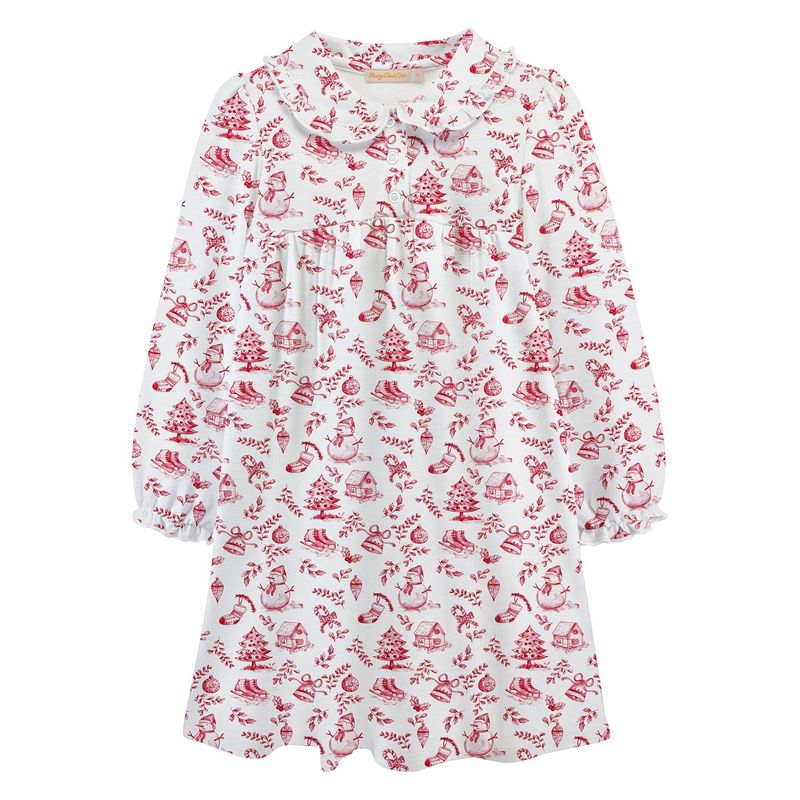 Christmas Toile Printed Toddler Dress w/ Round Collar