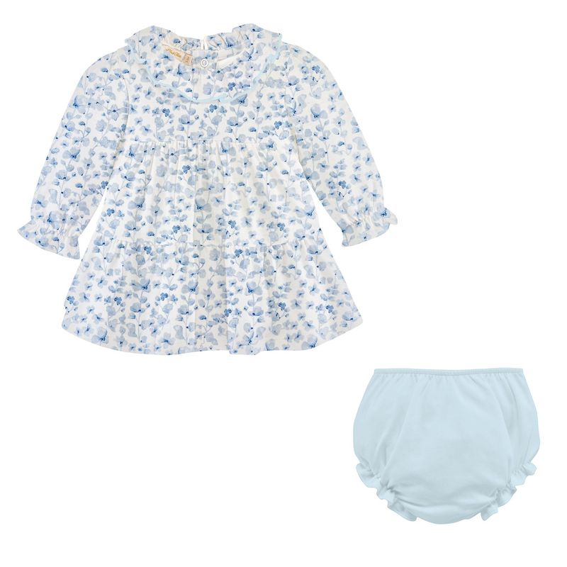 Blue Begonias Printed Dress w/ Ruffled Collar and Bloomer