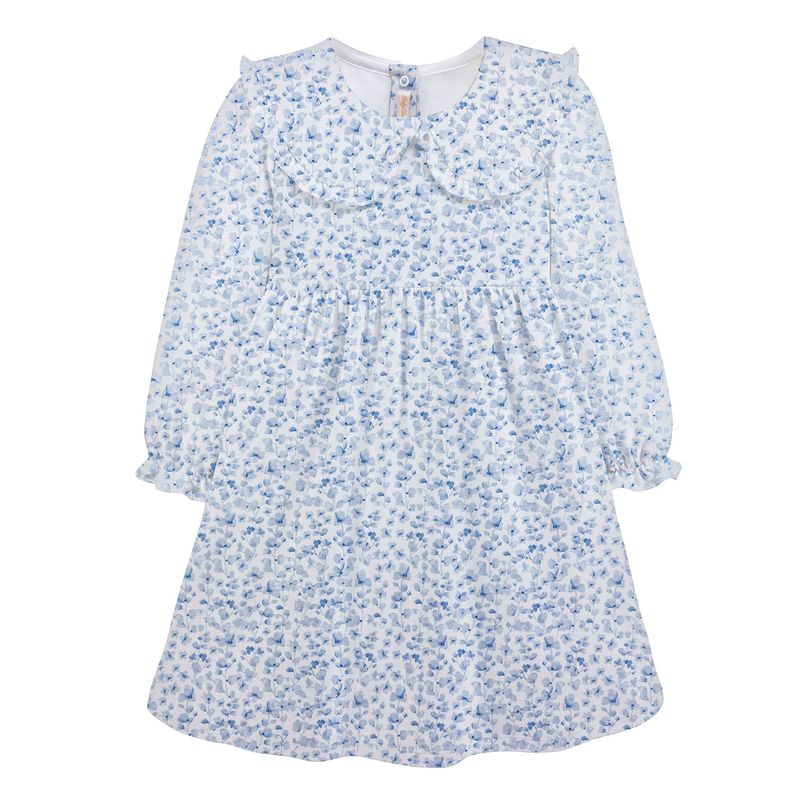 Blue Begonias Printed Dress w/ Round Collar