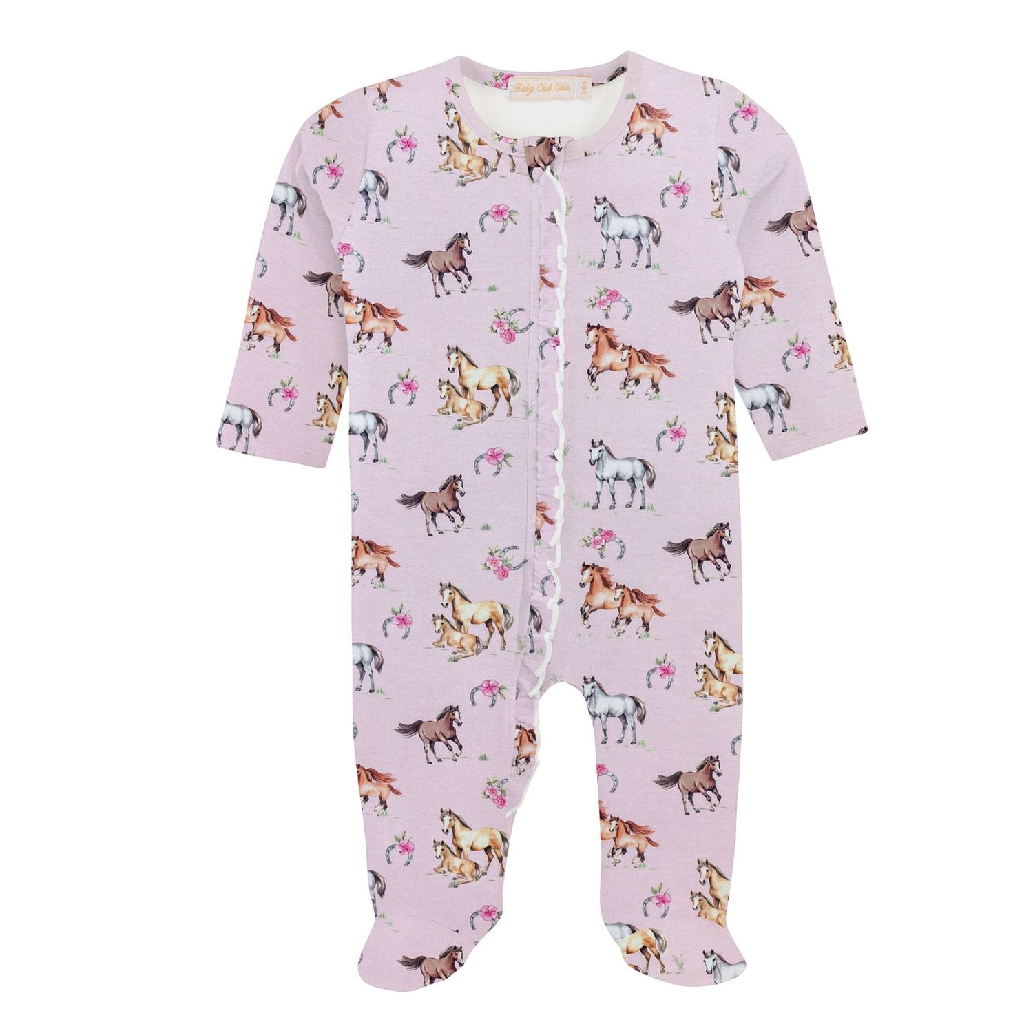 Sweet Horses Pink Printed Zipper Footie w/ Ruffles