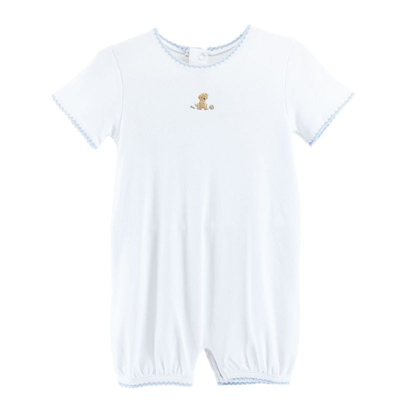 Good Puppy Boy Romper w/ Crochet Trim