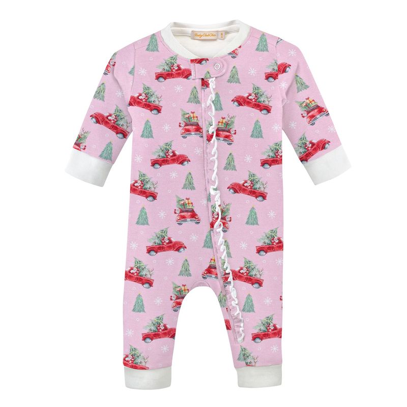 Santa's Coming Pink Printed Zipped Coverall w/ Ruffles Santa's Coming Pink Printed Zipped Coverall w/ Ruffles