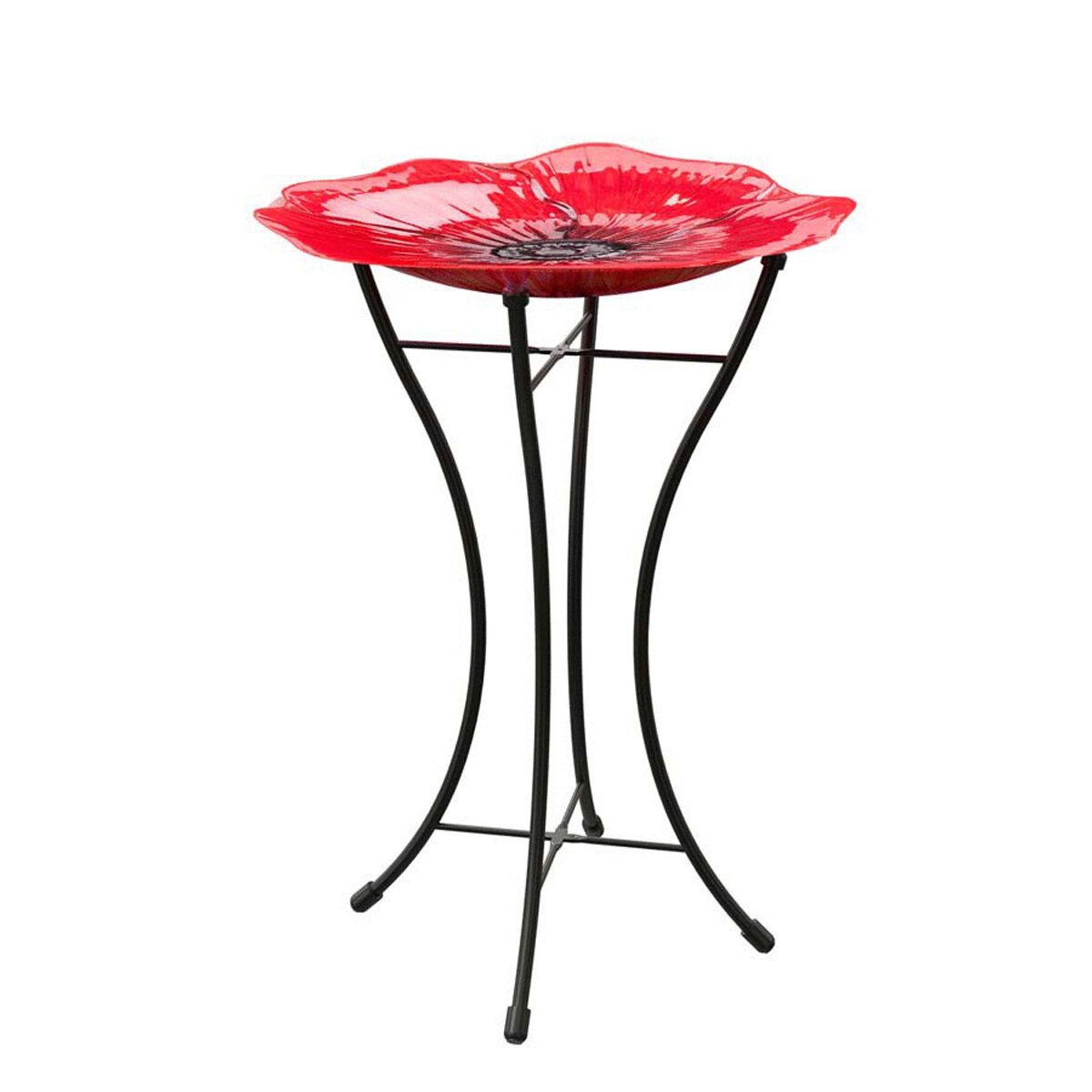Red Poppy Glass Bird Bath 16" W/Stand