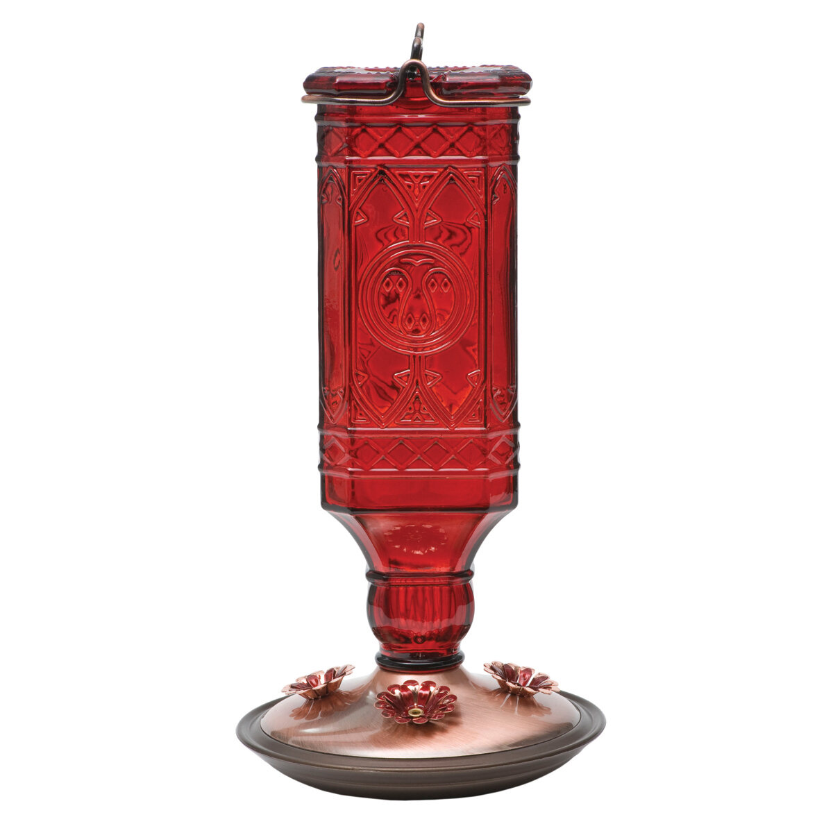 Antique Red Square Bottle Hummingbird Feeder 24 oz