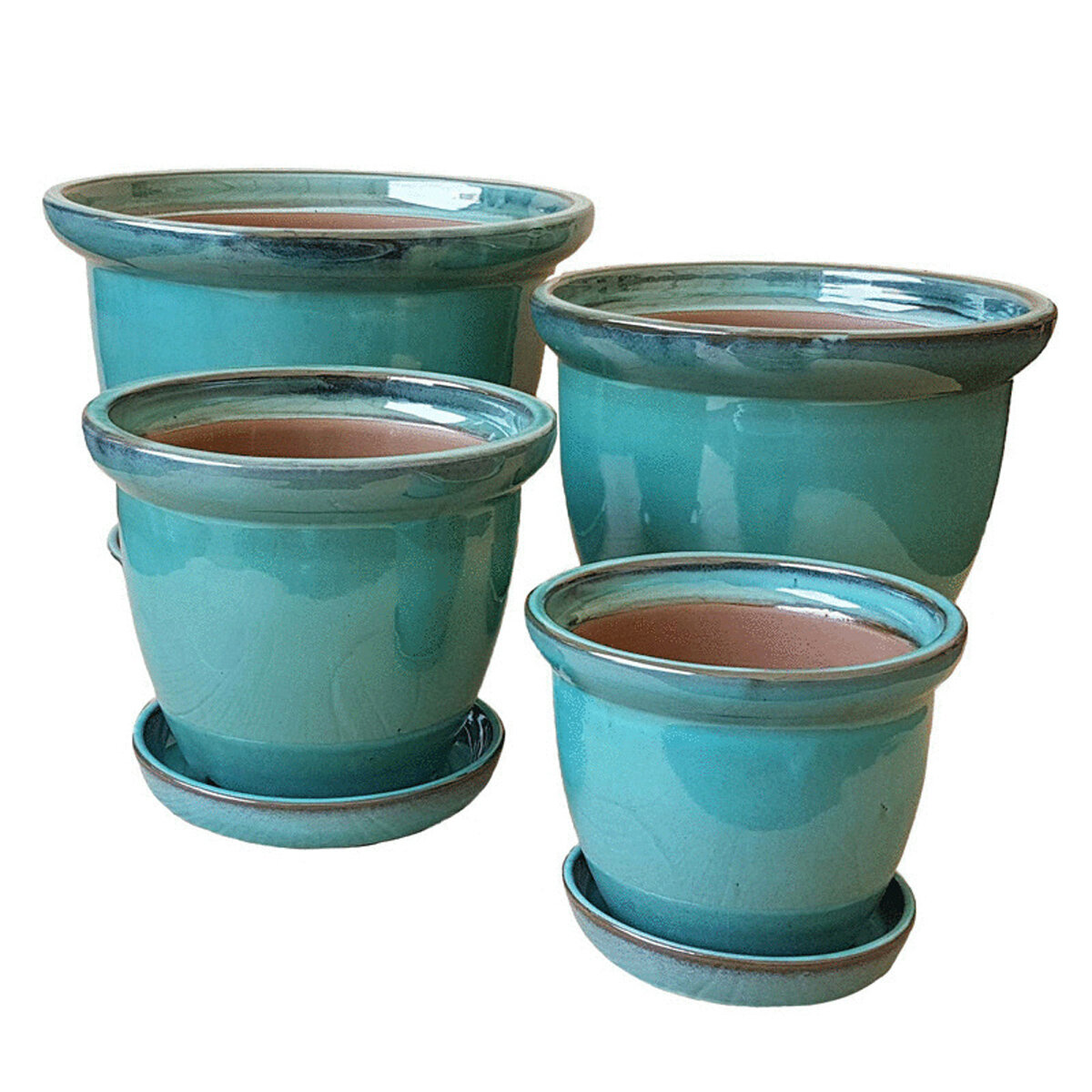 Wind & Earth Aqua Ceramic Pot Set Att/Saucer- S/4