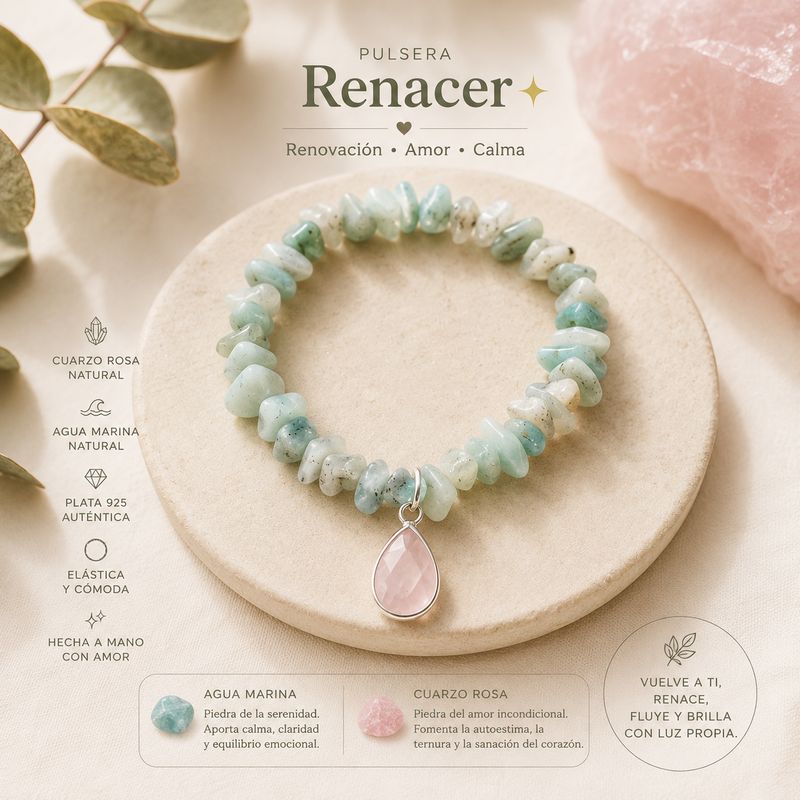 Pulsera Renacer aguamarina y cuarzo rosa