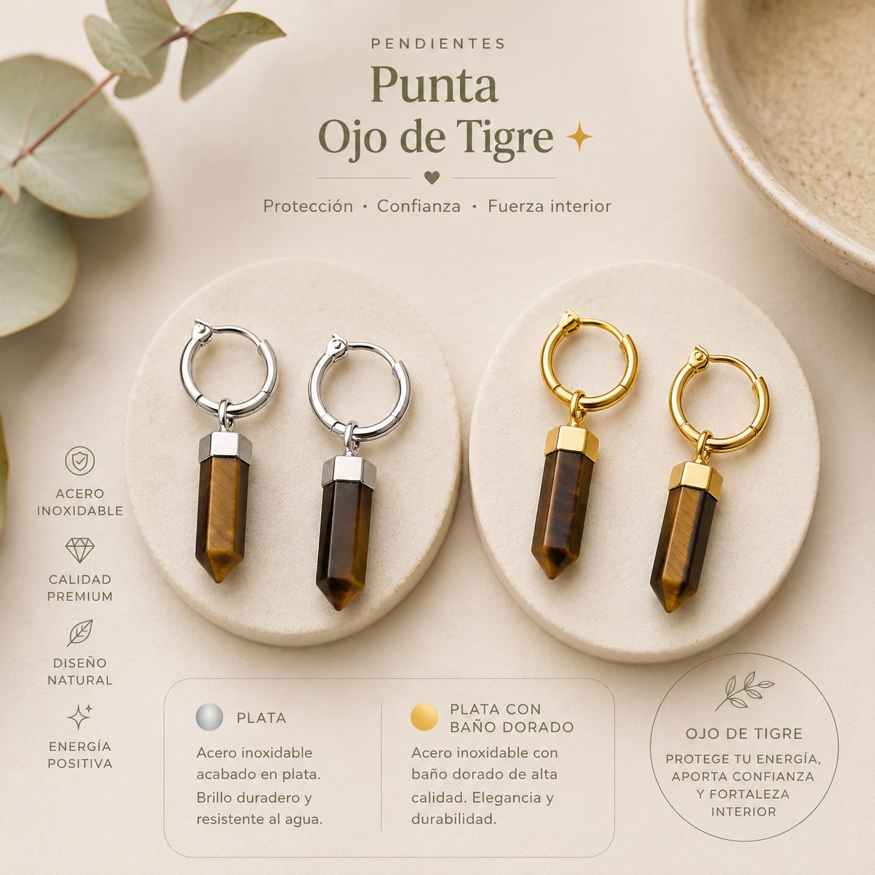 Pendientes puntas ojo de tigre