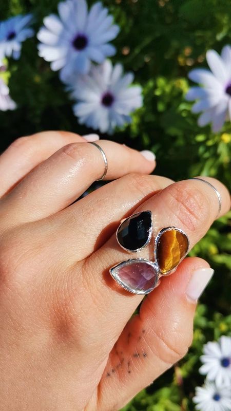 Anillo plata ojo de tigre, obsidiana y fluorita
