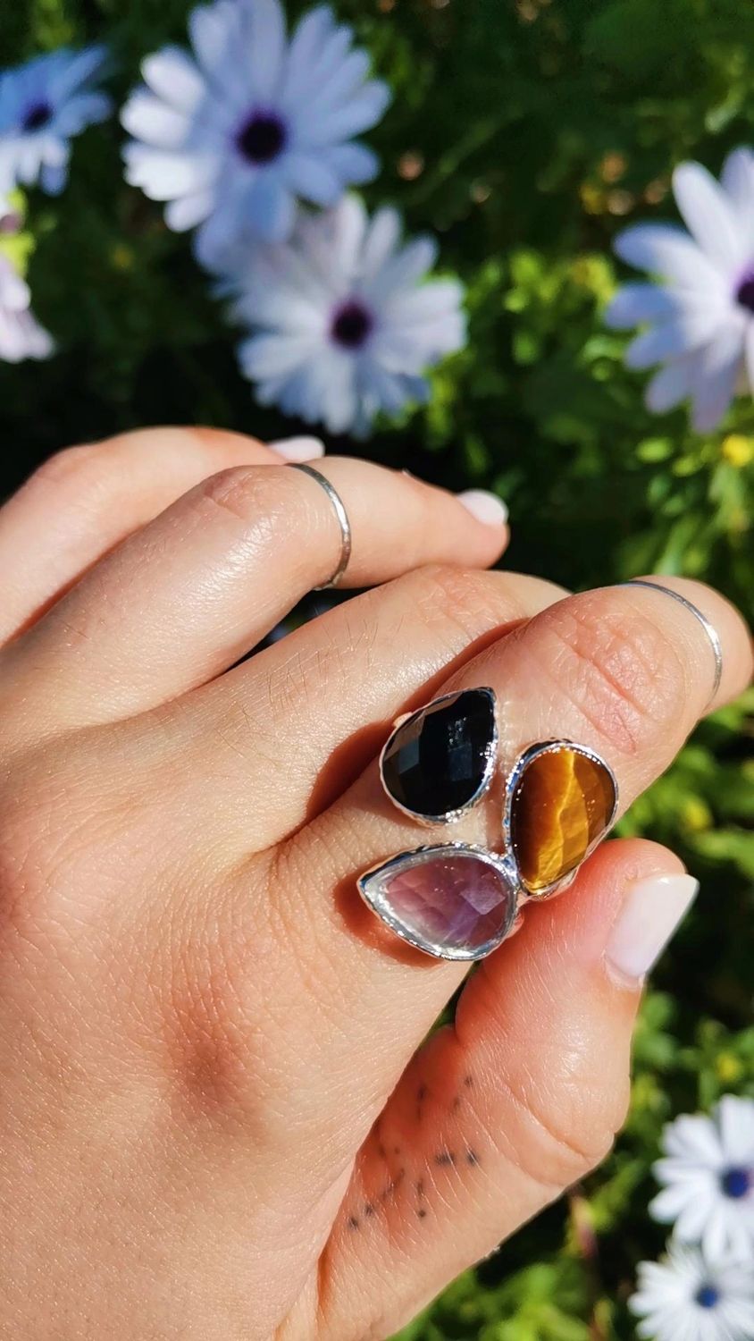 Anillo plata ojo de tigre, obsidiana y fluorita