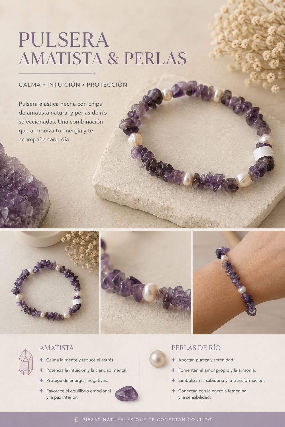 Pulsera amatista y perlas de rio