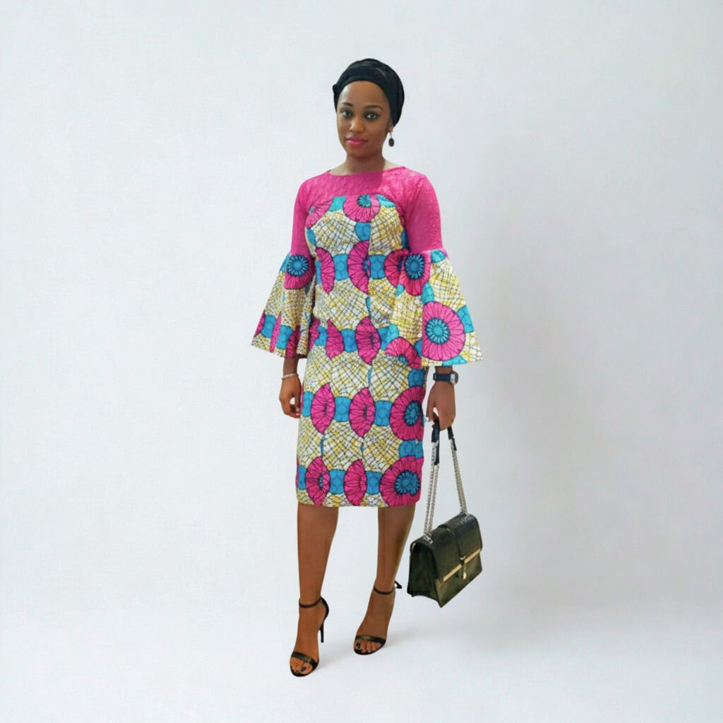 Goodie Lace and Ankara Bell Flared Sleeve Straight Short Dress