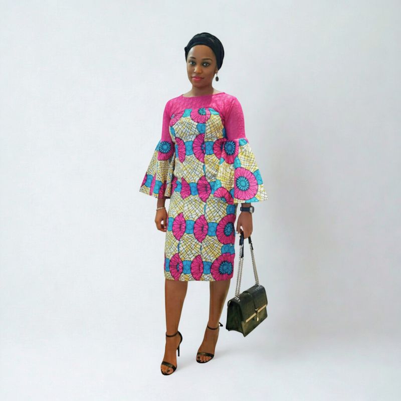 Goodie Lace and Ankara Bell Flared Sleeve Straight Short Dress