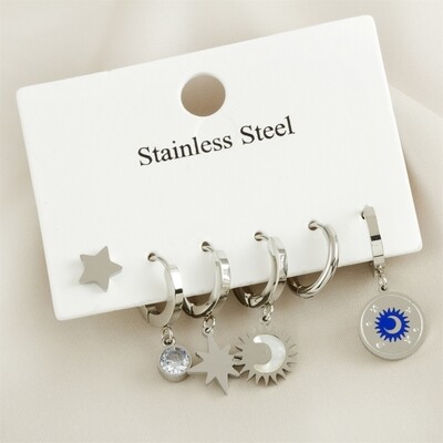 6 Pieces Moon and Star Luxury Steel Earrings