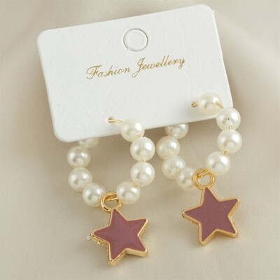 Star Enamel Pearl Hoop Earrings