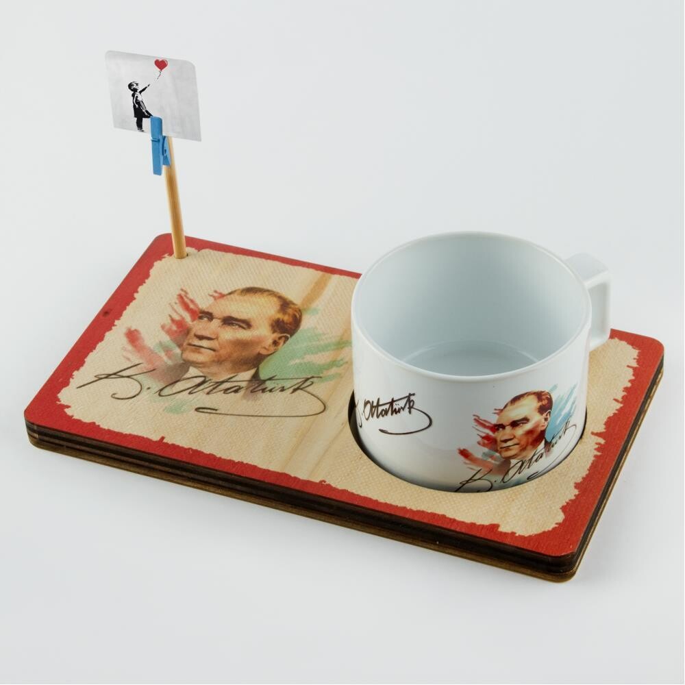 Atatürk Figured Wooden Note Holder Mug Set