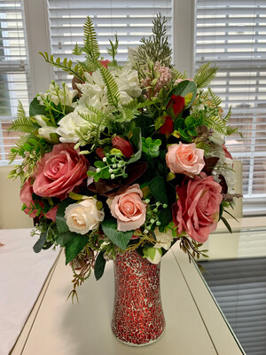 HANDCRAFTED MOSAICS VASE AND SILK FLOWERS 24”Hx16”W