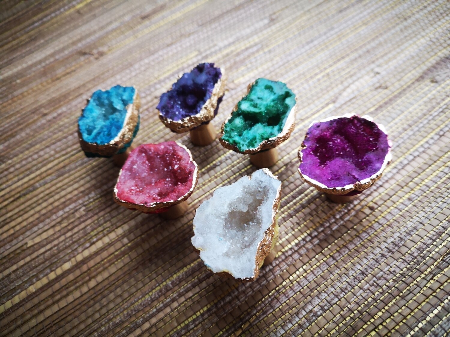 Bright coloured quartz crystal Geode cabinet handles