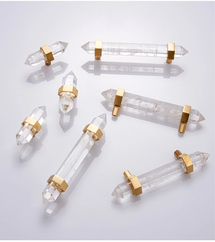 Hexagonal white quartz crystal and gold brass bar Handle