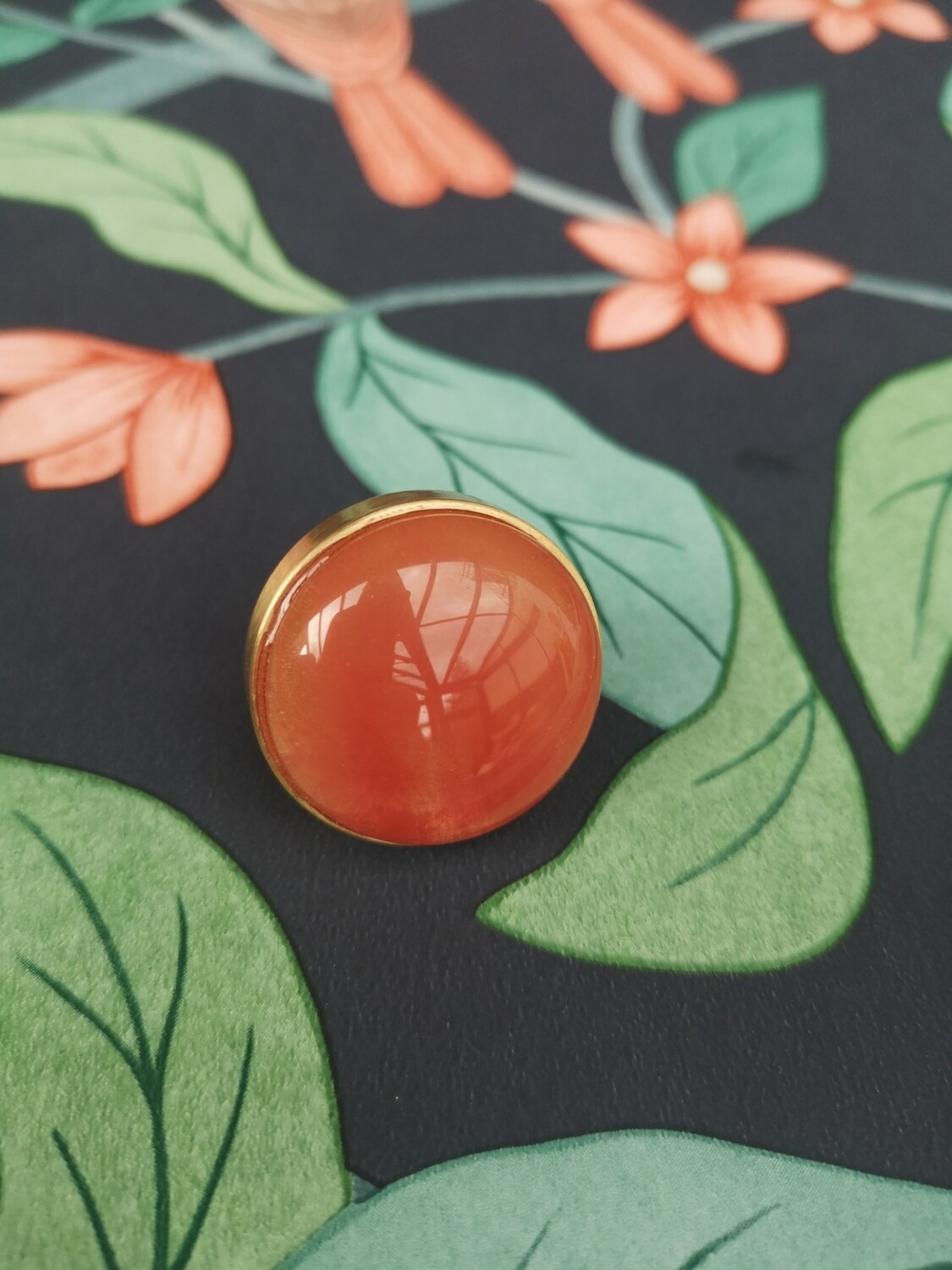Coral red quartz and brass cabinet drawer knob