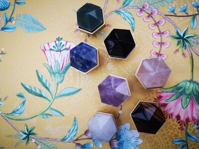 Hexagonal semi precious stone crystal and brass drawer pull