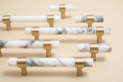 White and Grey marble cabinet bar Handle with brass ring fixings