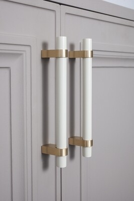 Off White painted wood and brass cabinet bar pulls