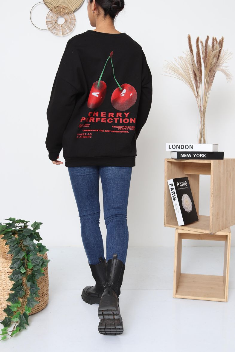 &#39;Cherry Perfection&#39;  Oversize Sweatshirt in Black
