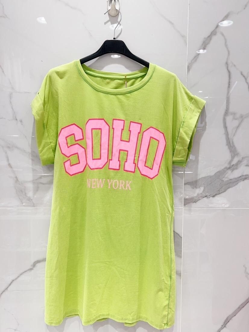 &#39;SoHo&#39; Long Length T-shirt in Lime Green with Pink Text