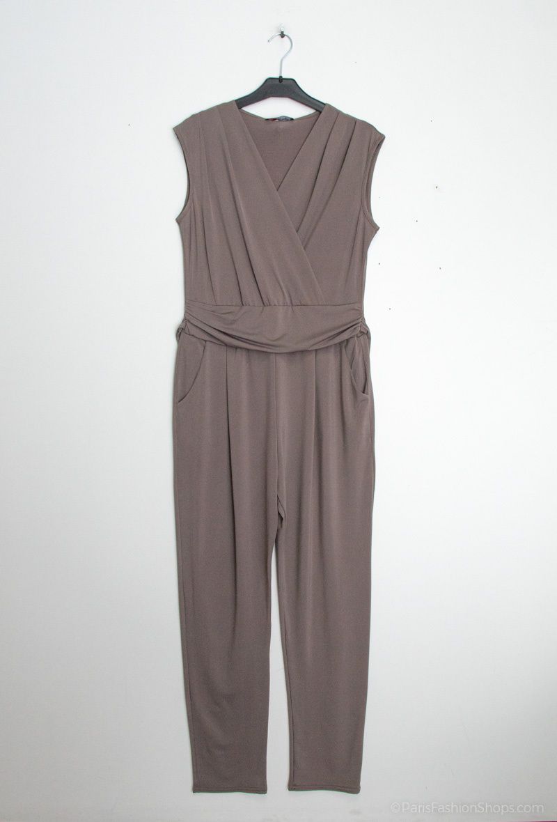 &#39;Sleeveless Jumpsuit&#39; Stretch Fabric Finish in Taupe